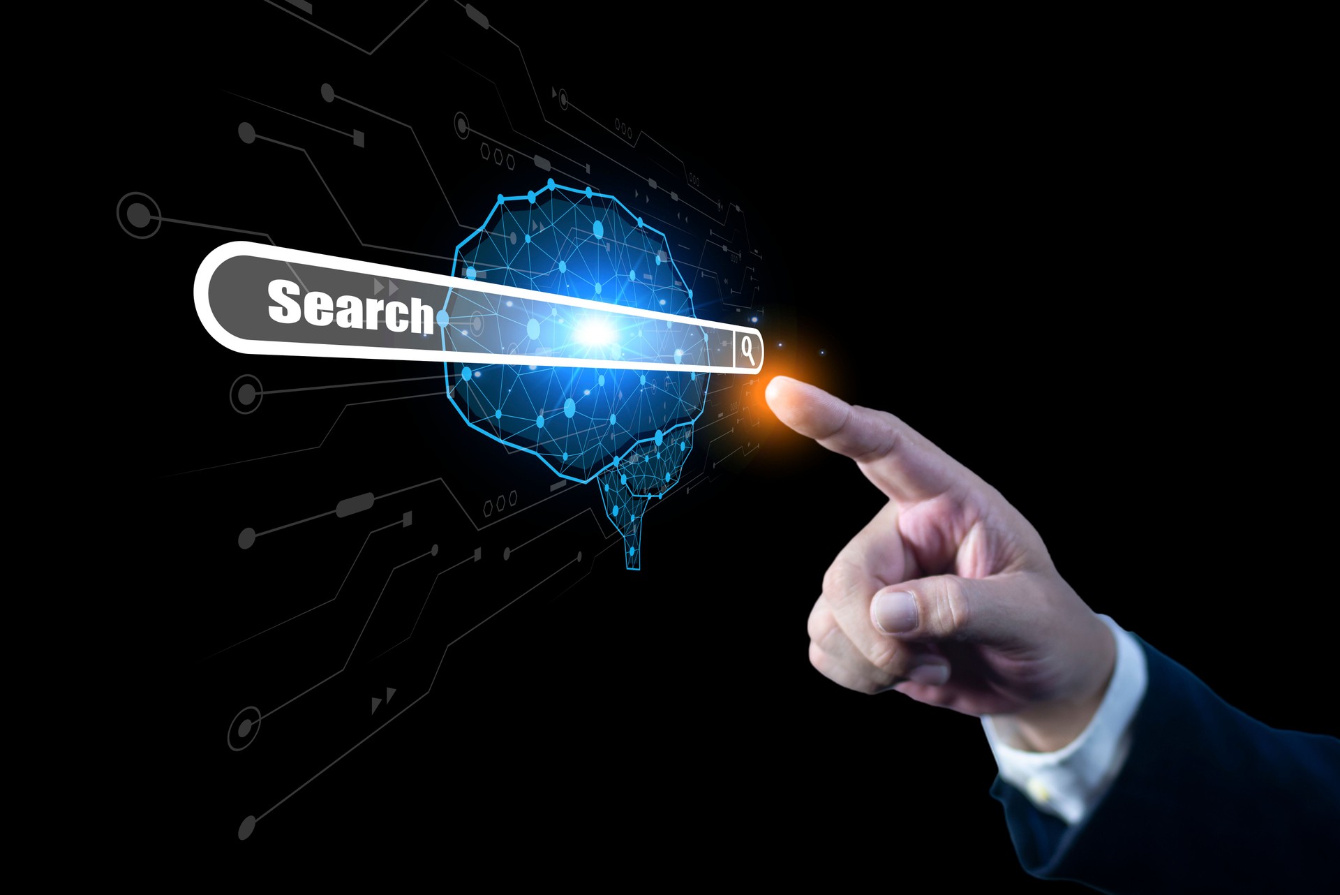 Businessman touch Brain AI, SEO icon. Search with Ai assistant, search on screen. Artificial Intelligence data technology. SEO Search Engine Optimization concept.